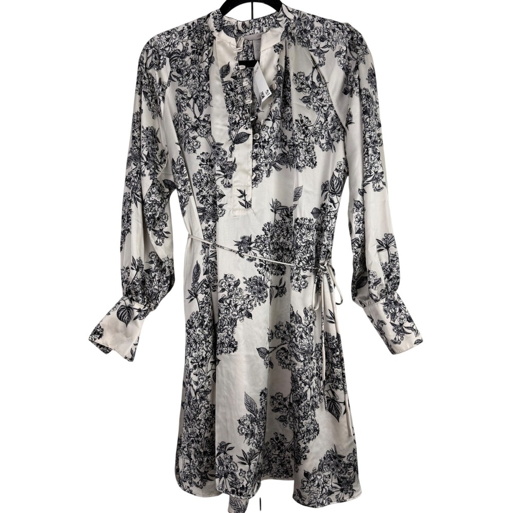 HM Black White‎ Floral Satin Mock Neck Mini Dress Long Sleeve Retro Small NWT